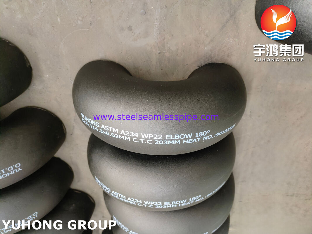 ASTM A234 WP22 CL1 / CL3 অ্যালয় স্টিল বাটওয়েল্ড ফিটিং 180 ডিগ্রি কনুই ব্ল্যাক পেইন্টেড
